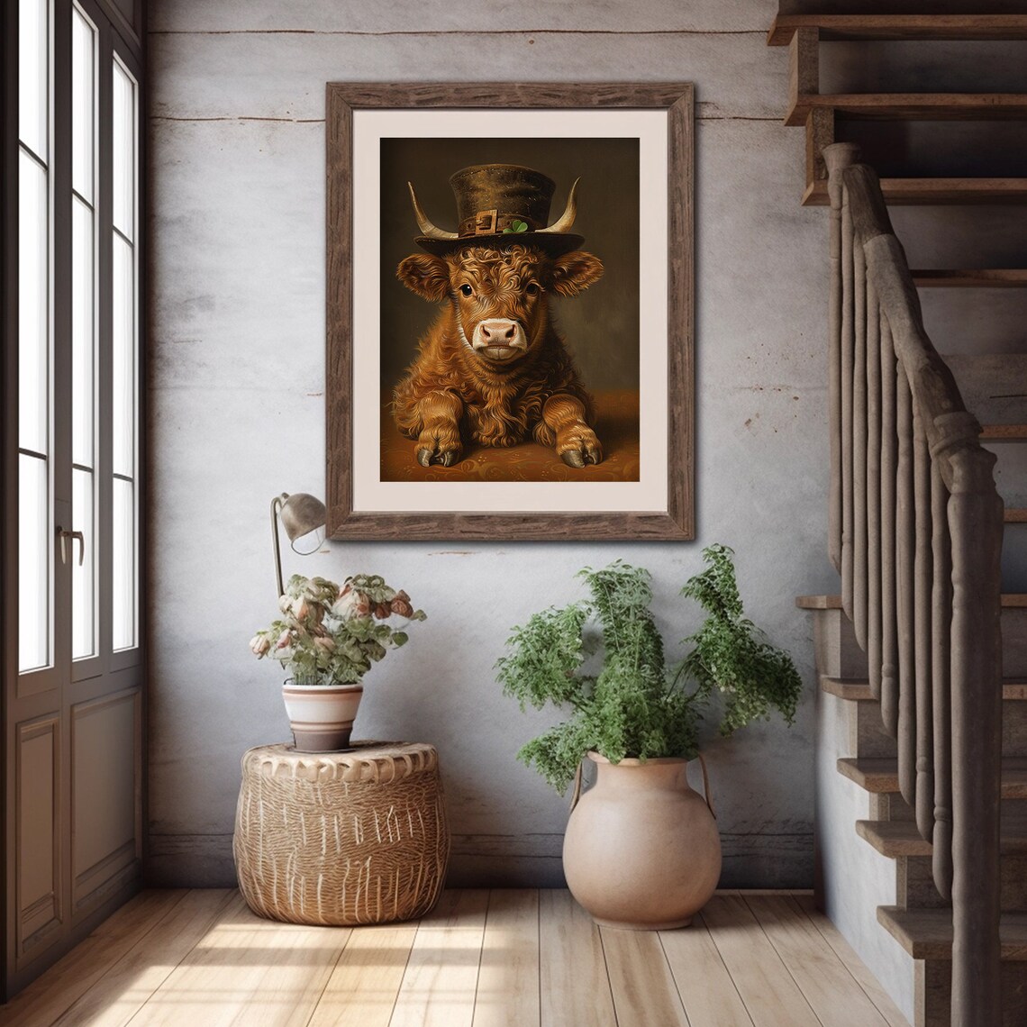 Baby Highland Cow Wearing Tall Top Hat With Shamrock Cute Irish Painting Poster - Image 5