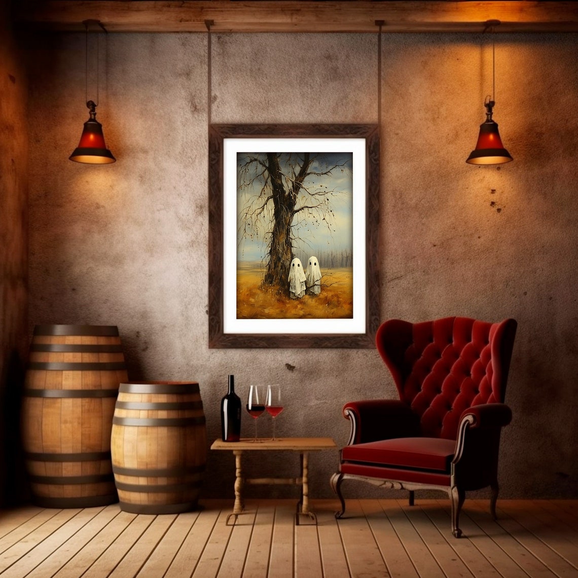 Cute Ghost Print Moody Haunted Halloween Art Gothic Ghost Couple Under Tree Painting Decor - Image 2