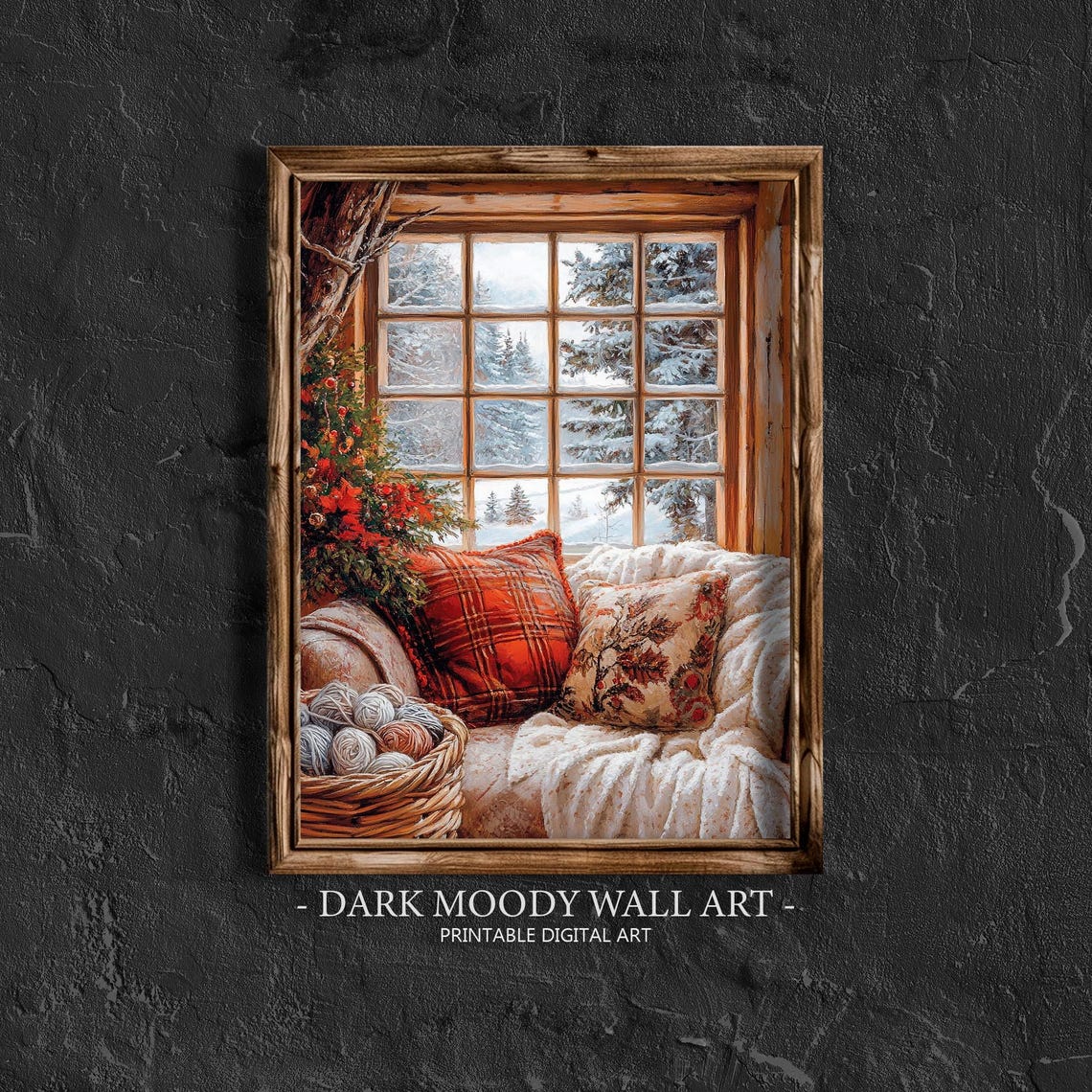 Winter Window Nook Knitting Yarn Plaid Pillows Cozy Scene Poster