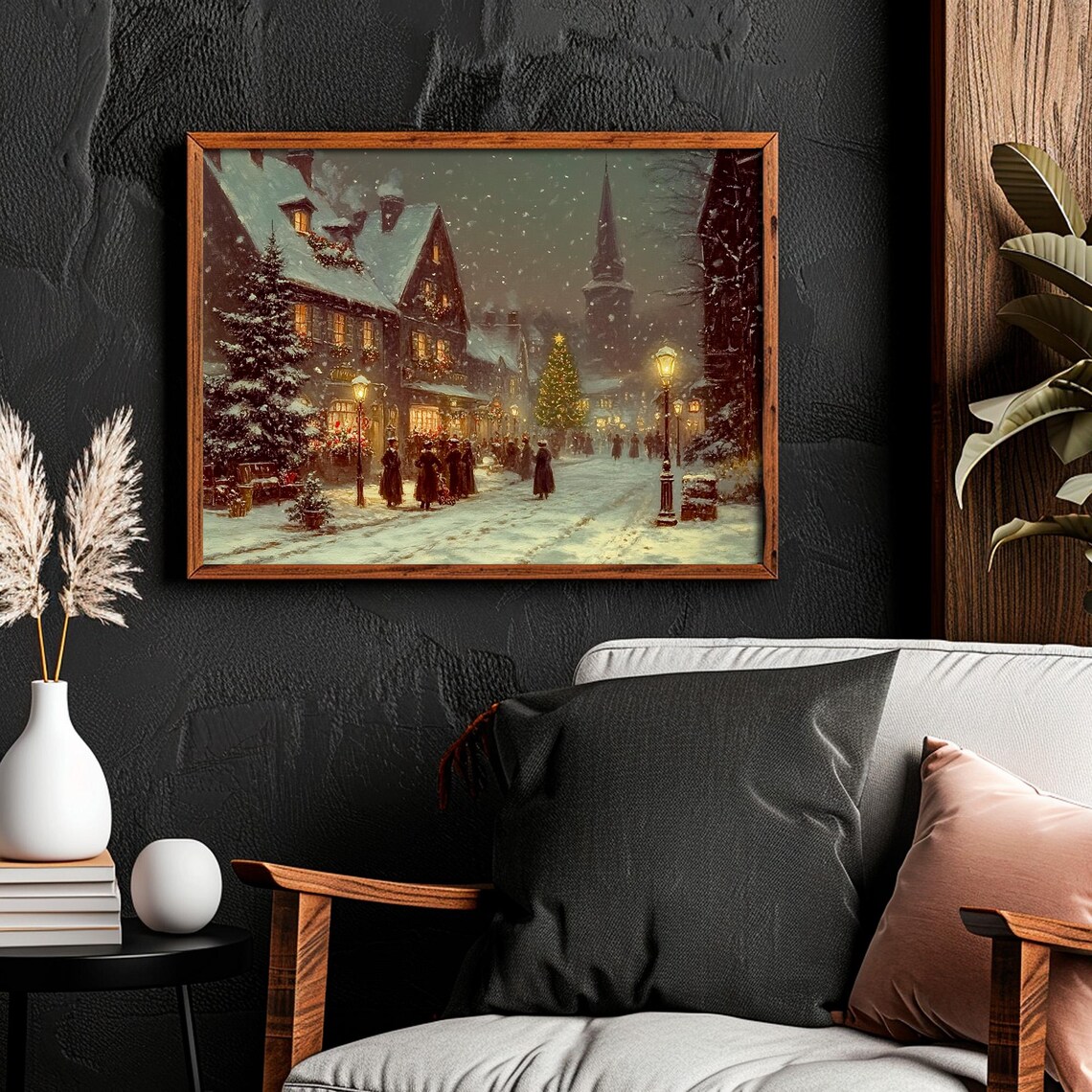 Vintage Christmas Village Wall Art Victorian City Town Street During Christmas Winter Snowy Painting Print - Image 2