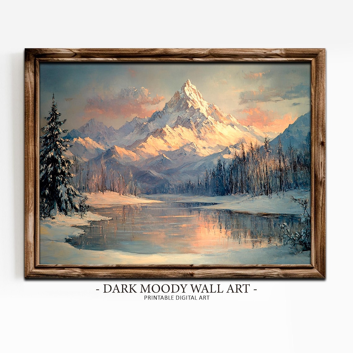 Winter Mountains Landscape, Rustic Moody Art Print