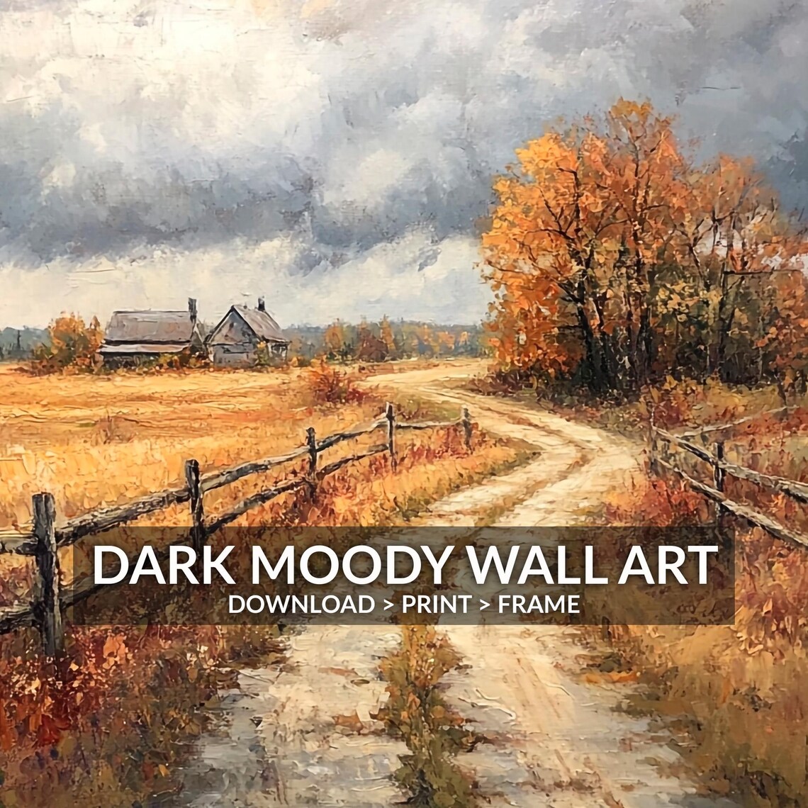 Country Dirt Road to Farmhouse Golden Autumn Field Rustic Landscape Poster - Image 4