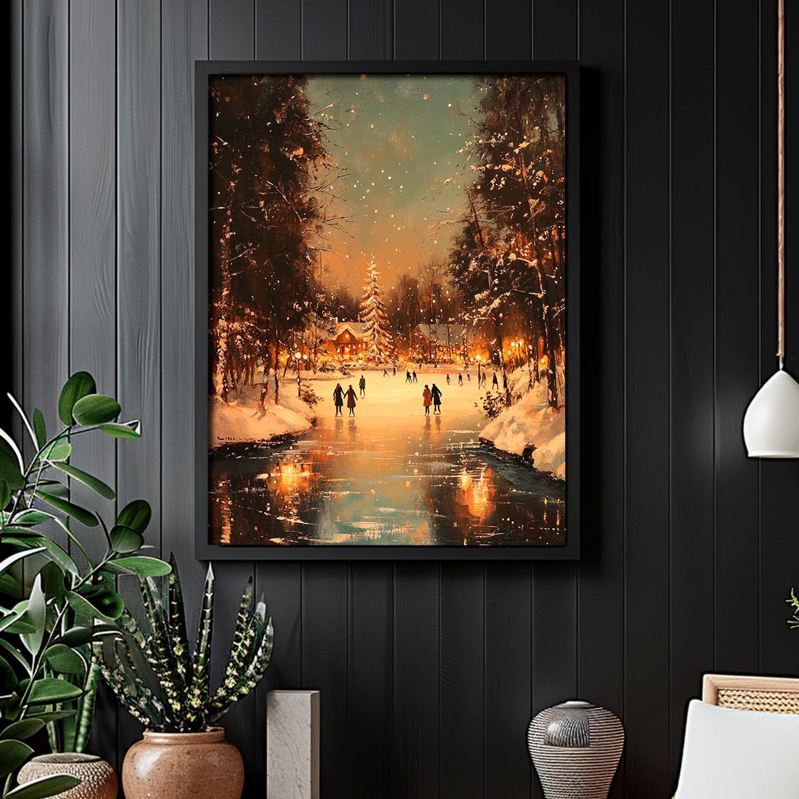 Night Frozen River Skaters Glowing Village Winter Painting Poster - Image 5