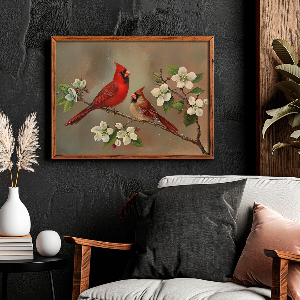 Two Cardinals Blossom Branch Painting Male Female Red Bird Poster - Image 5