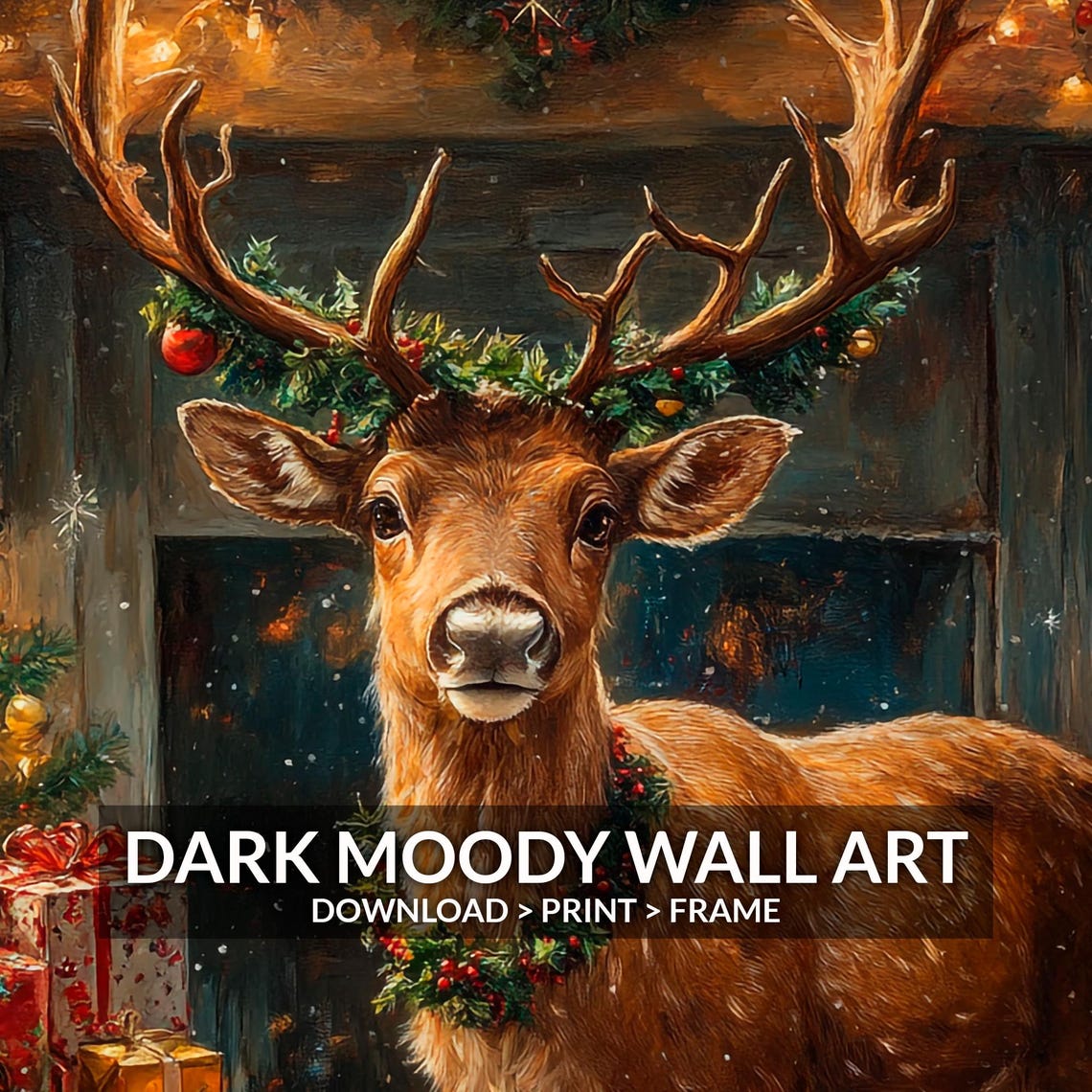 Festive Stag with Christmas Wreath and Pizza Whimsical Poster - Image 6