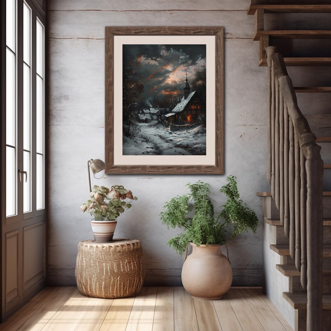 Dark Winter Village, Moody Christmas Rustic Art - Image 5