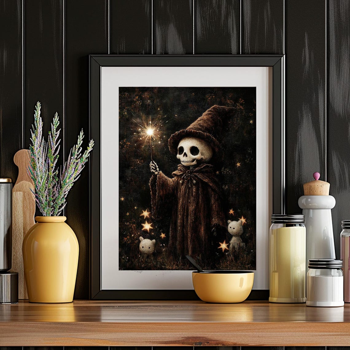 Skeleton Wizard Holding Sparkler Tiny Ghosts Cute Halloween Art Poster - Image 5