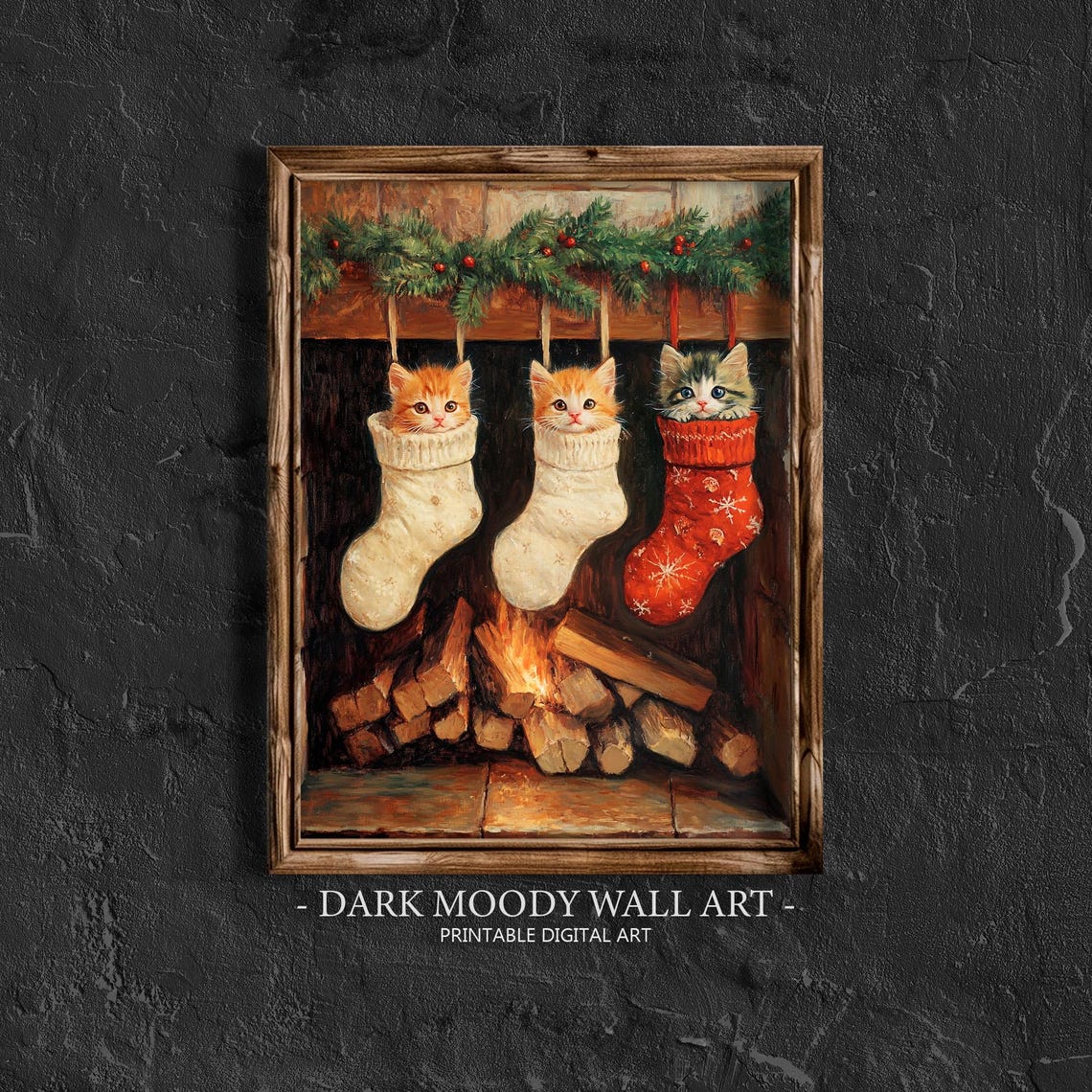 Three Kittens in Christmas Stockings Fireplace Holiday Poster