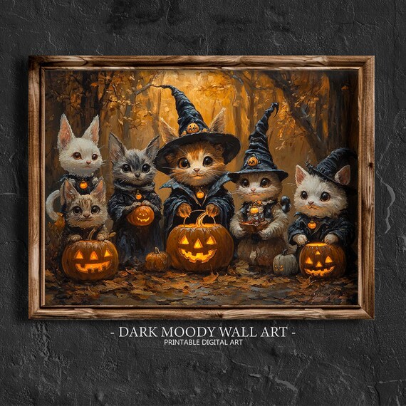 Halloween Kittens Witch Hats Glowing Jack O Lanterns Autumn Art Poster