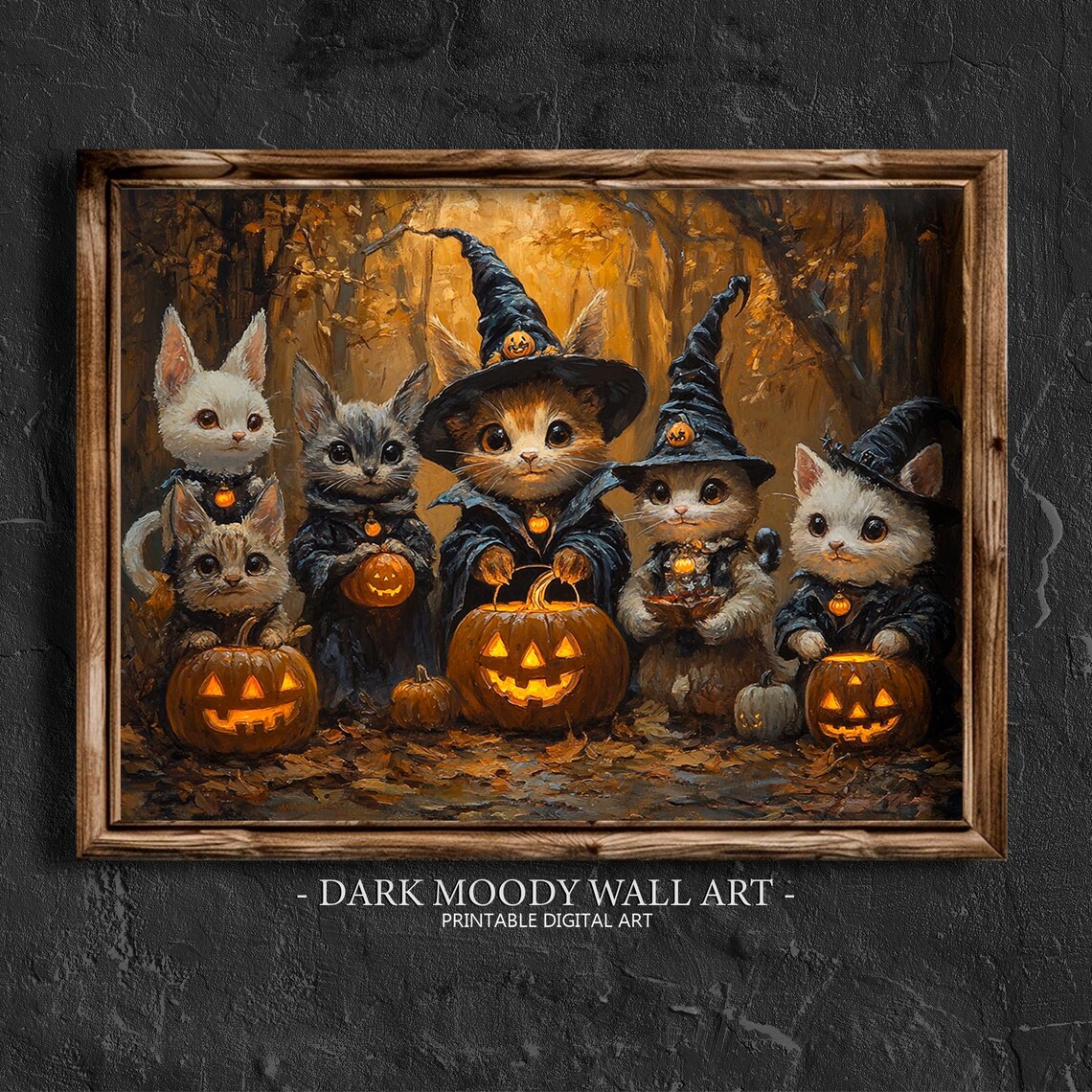 Halloween Kittens Witch Hats Glowing Jack O Lanterns Autumn Art Poster
