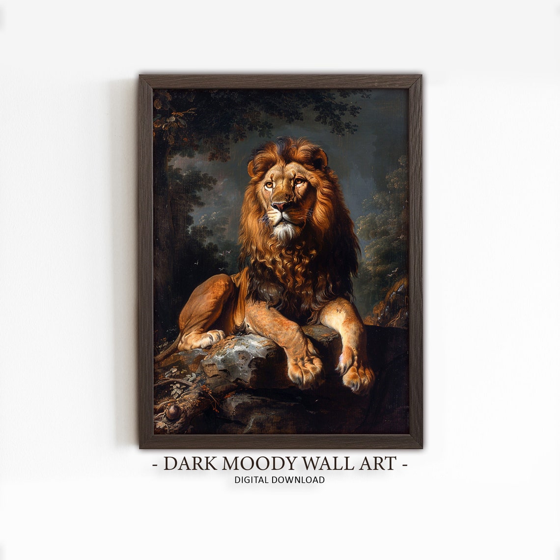 Majestic Lion Resting Rock Classical Wildlife Painting Poster