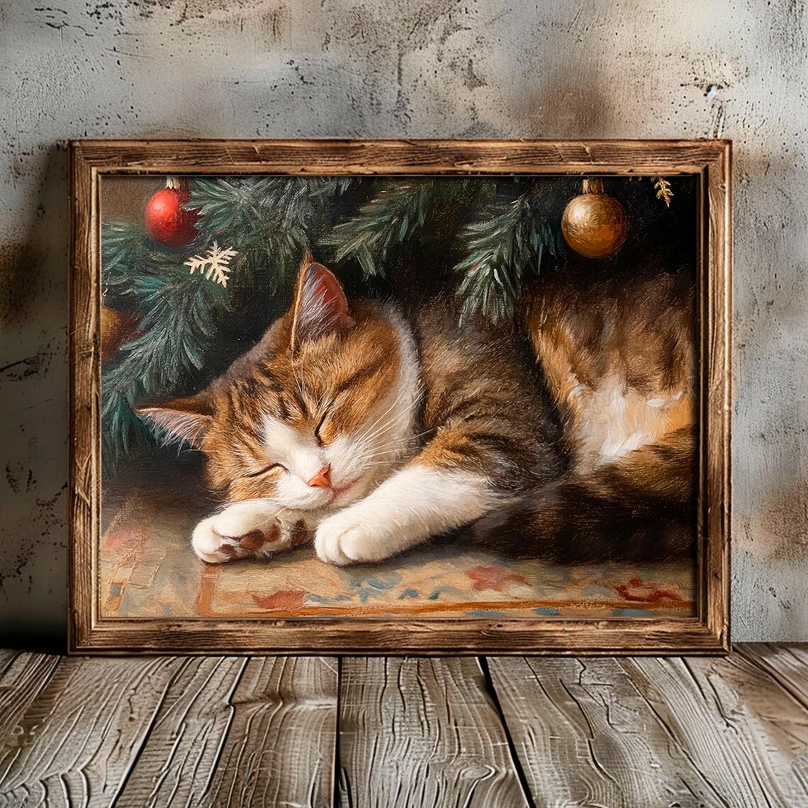 Cat Sleeping Under Christmas Tree, Vintage Art Print - Image 2