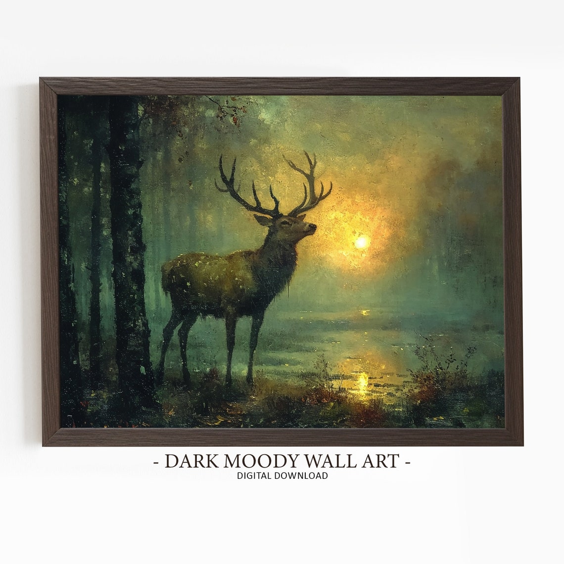 Stag With Antlers Foggy Forest Sunrise Dark Moody Painting Poster