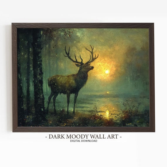 Deer In Forest Print Dark Moonlight Forest Painting Moody Landscape Painting Dark Cottagecore Print Rustic Wall Decor