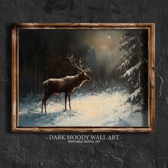 Majestic Elk Snowy Forest Moonlight Winter Wildlife Animal Poster