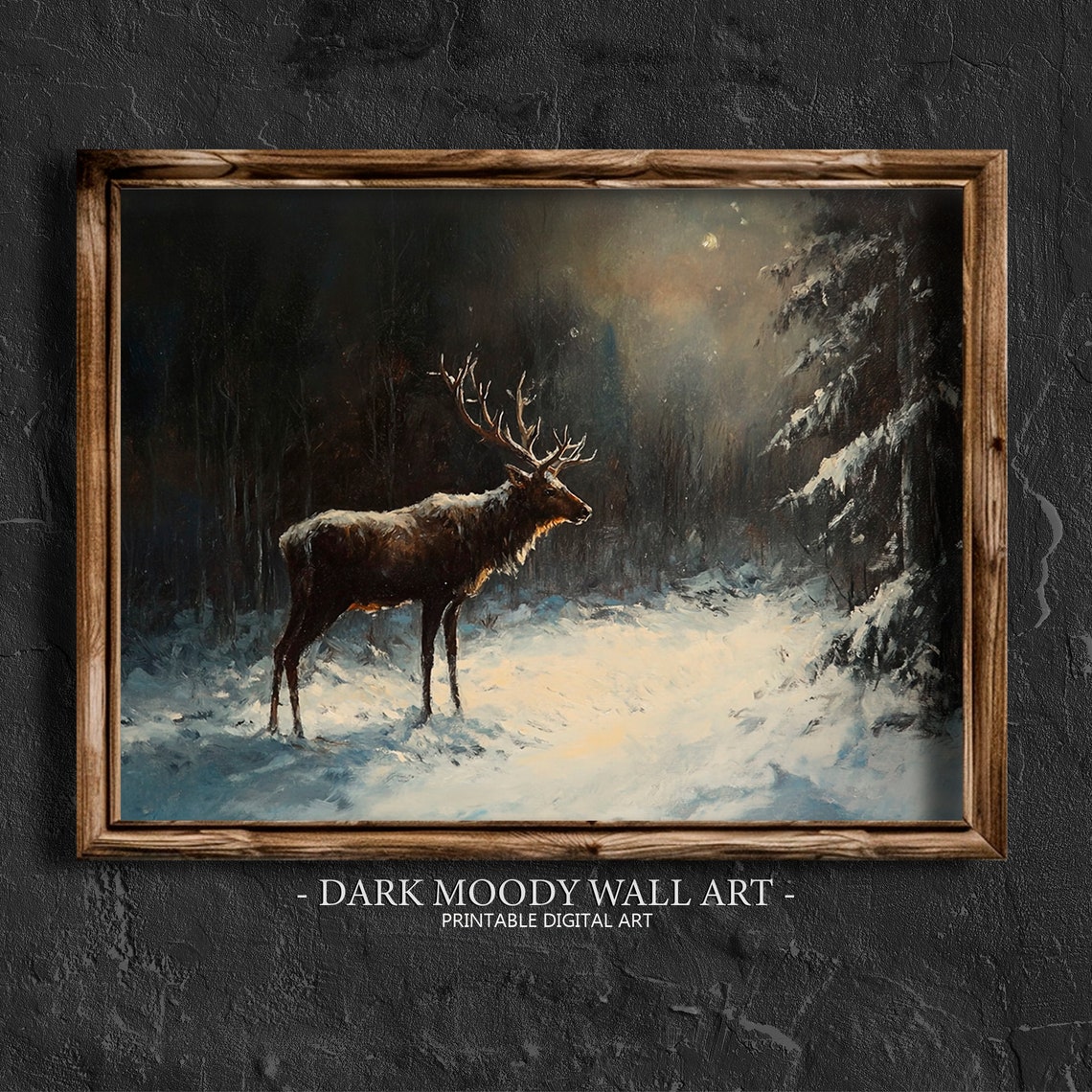 Majestic Elk Snowy Forest Moonlight Winter Wildlife Animal Poster