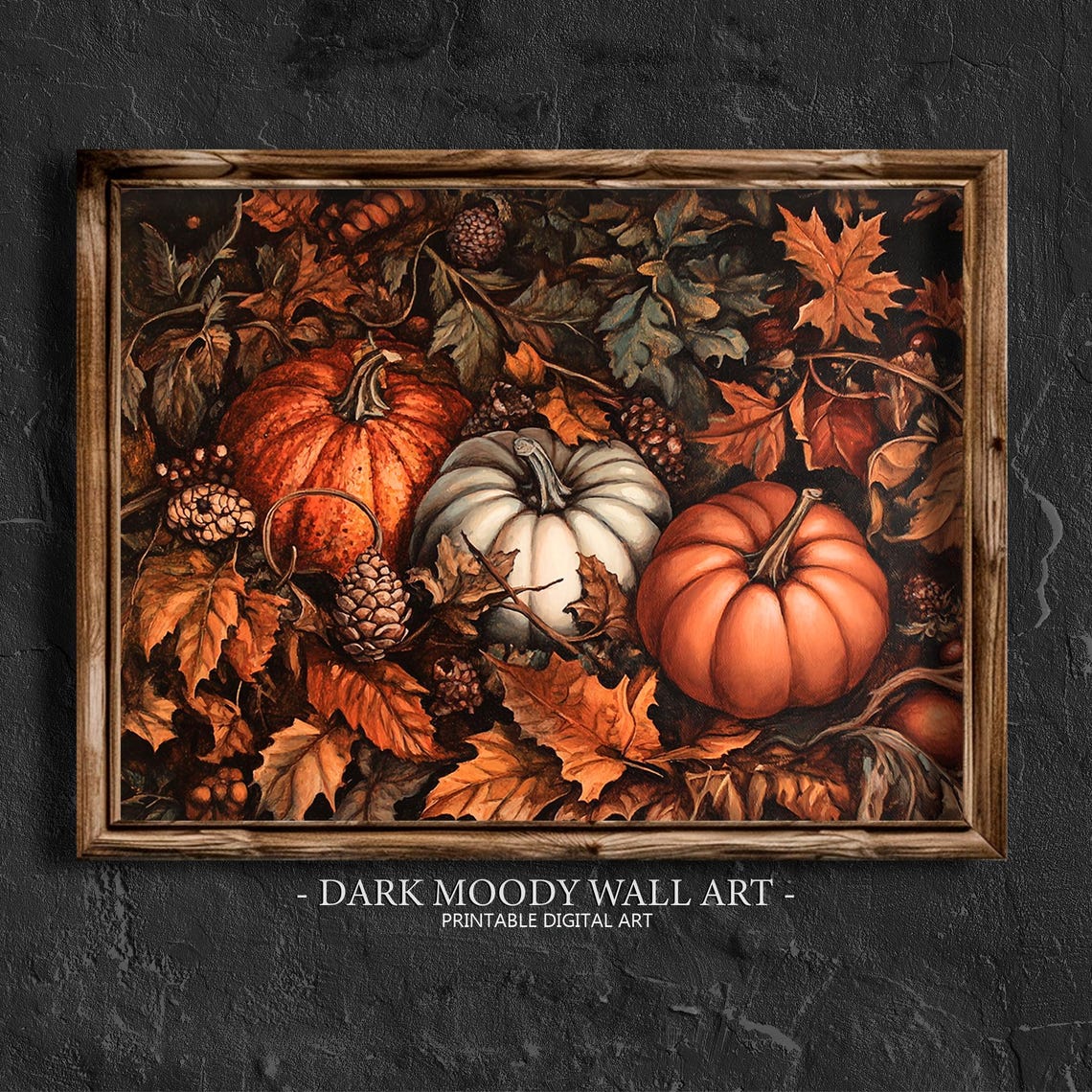 Rustic Pumpkins Fall Leaves Harvest Still Life Painting Wall Art