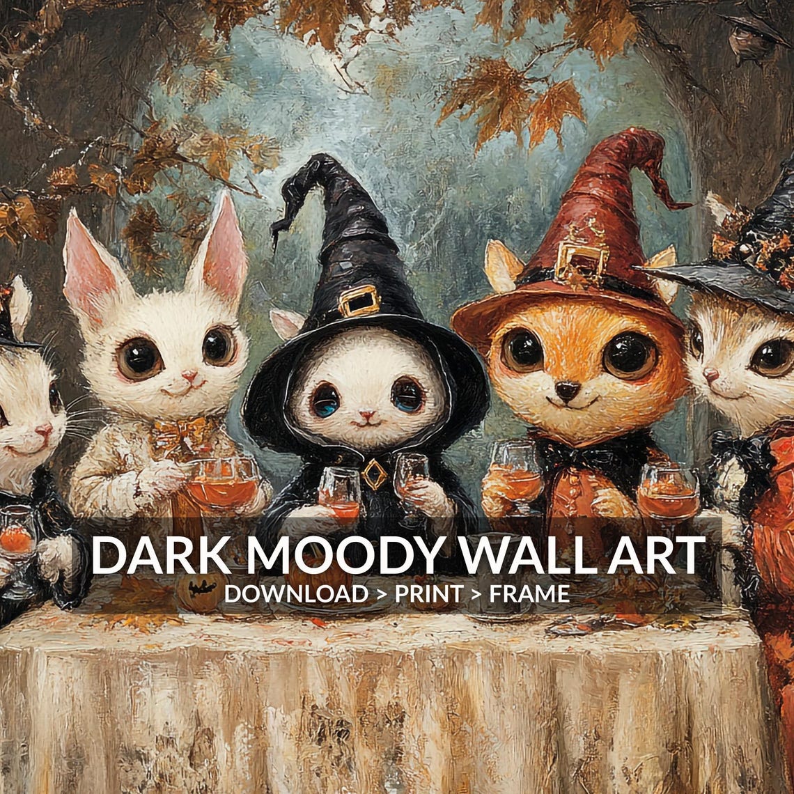 Cute Kittens Witch Hats Halloween Tea Party Vintage Style Art Poster - Image 6