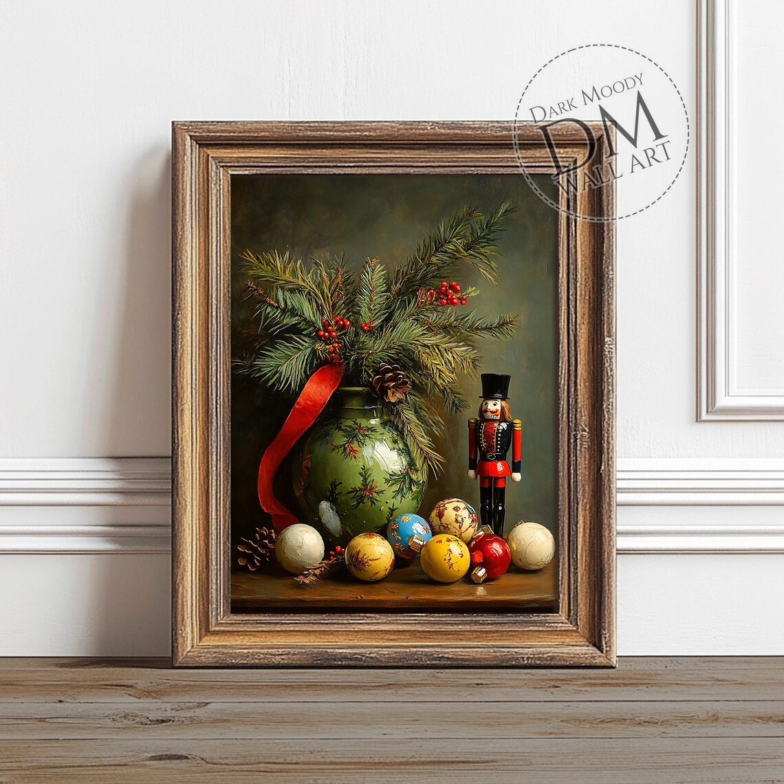 Nutcracker Christmas Still Life Ornaments Pine Vintage Holiday Art Poster