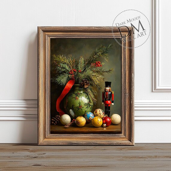 Nutcracker Christmas Still Life Ornaments Pine Vintage Holiday Art Poster