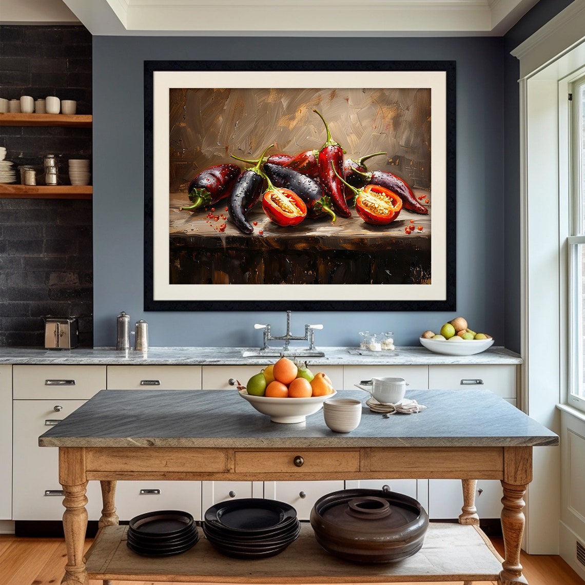 Chilli Pepper Painting Dark Moody Art Kitchen Still Life Print Wall Art - Image 2