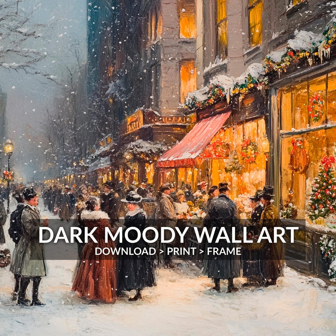 Vintage Christmas Village Wall Art Victorian City Town Street During Christmas Winter Snowy Painting Print - Image 6