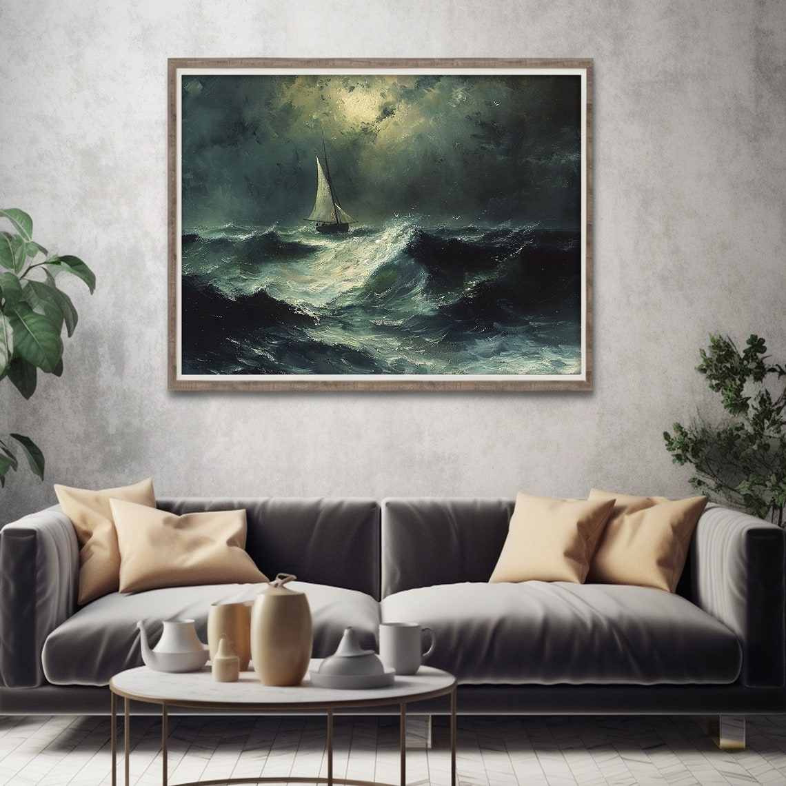 Sailboat in Stormy Night Sea Dramatic Waves Moody Ocean Poster - Image 4