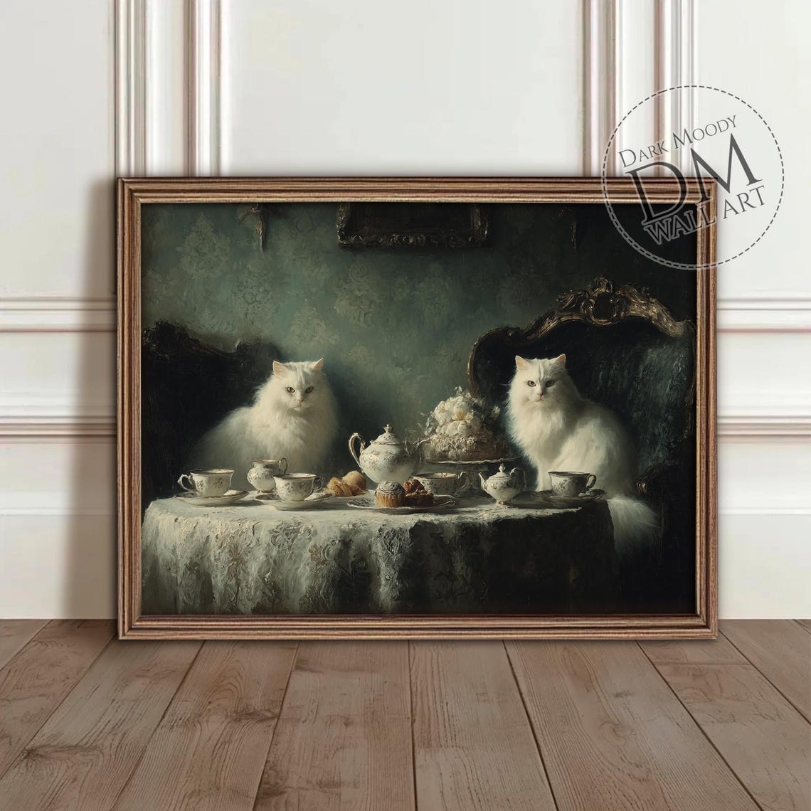 Two White Cats Victorian Tea Party Moody Oil Painting Poster