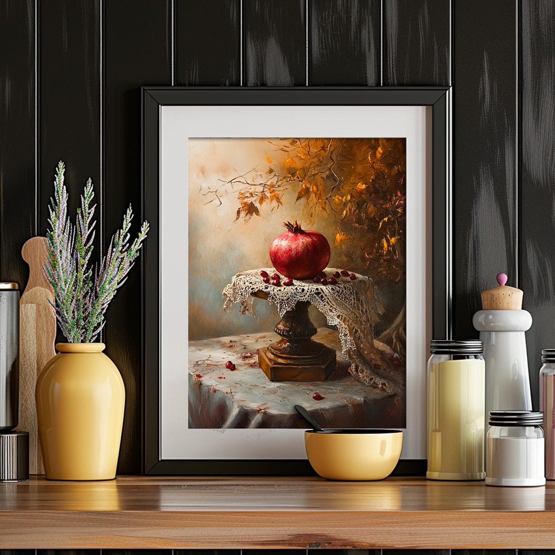 Pomegranate On Lace Pedestal Autumn Fruit Still Life Wall Art - Image 2