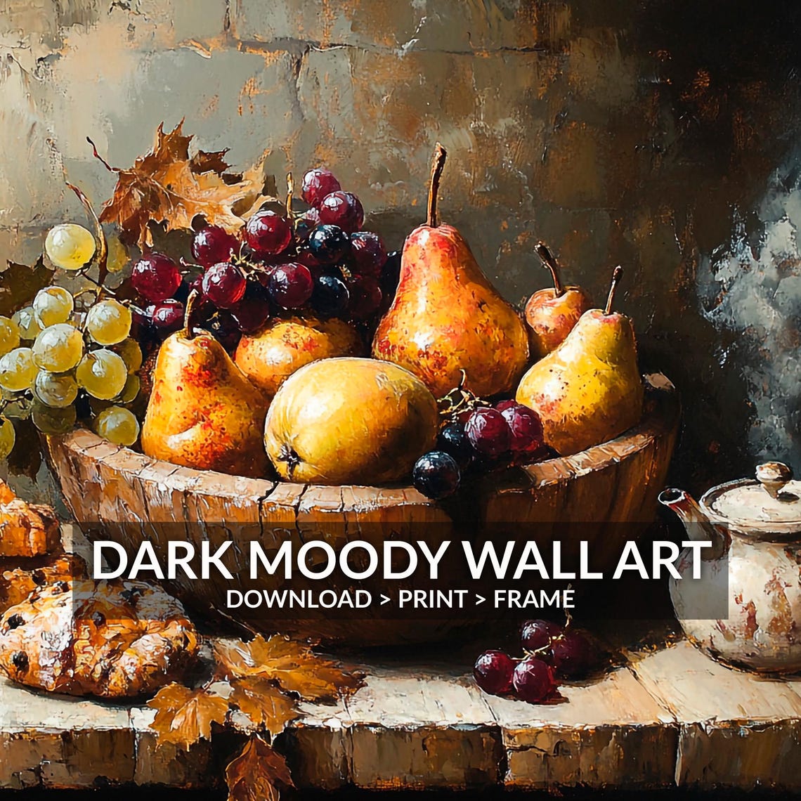 Pears Grapes Pastries Rustic Table Autumn Still Life Wall Art - Image 6
