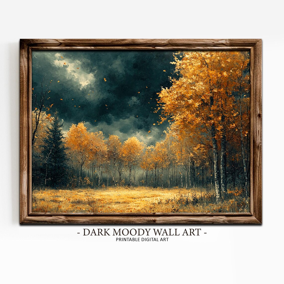 Golden Birch Forest Dark Stormy Sky Falling Leaves Moody Painting Poster - Image 4