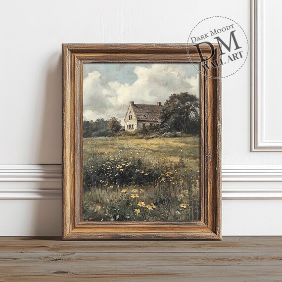 Old Stone Farmhouse Wildflower Meadow Vintage Country Poster