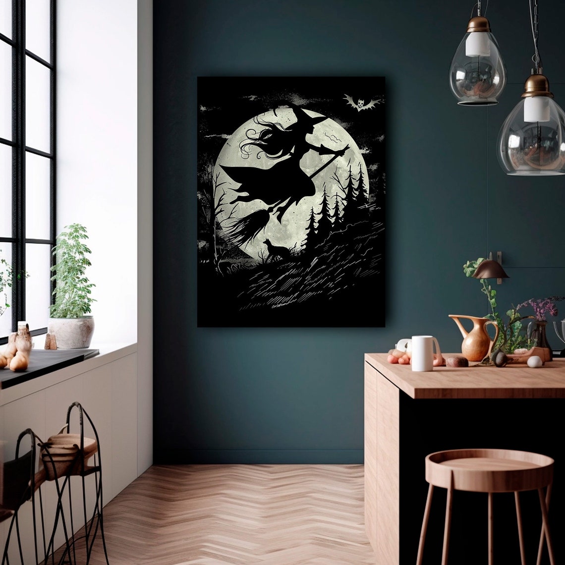 Witch Silhouette Flying Broom Full Moon Black Gothic Art Print - Image 2