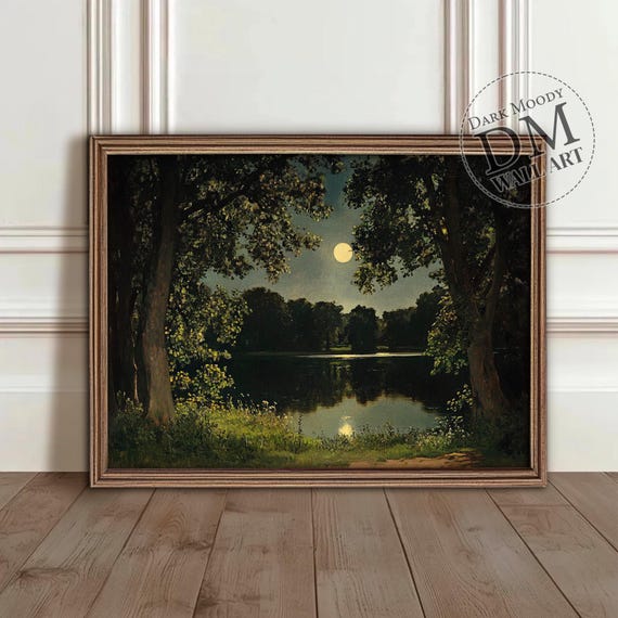 Moonlight Lake Art Print, Moody Forest Night Scene