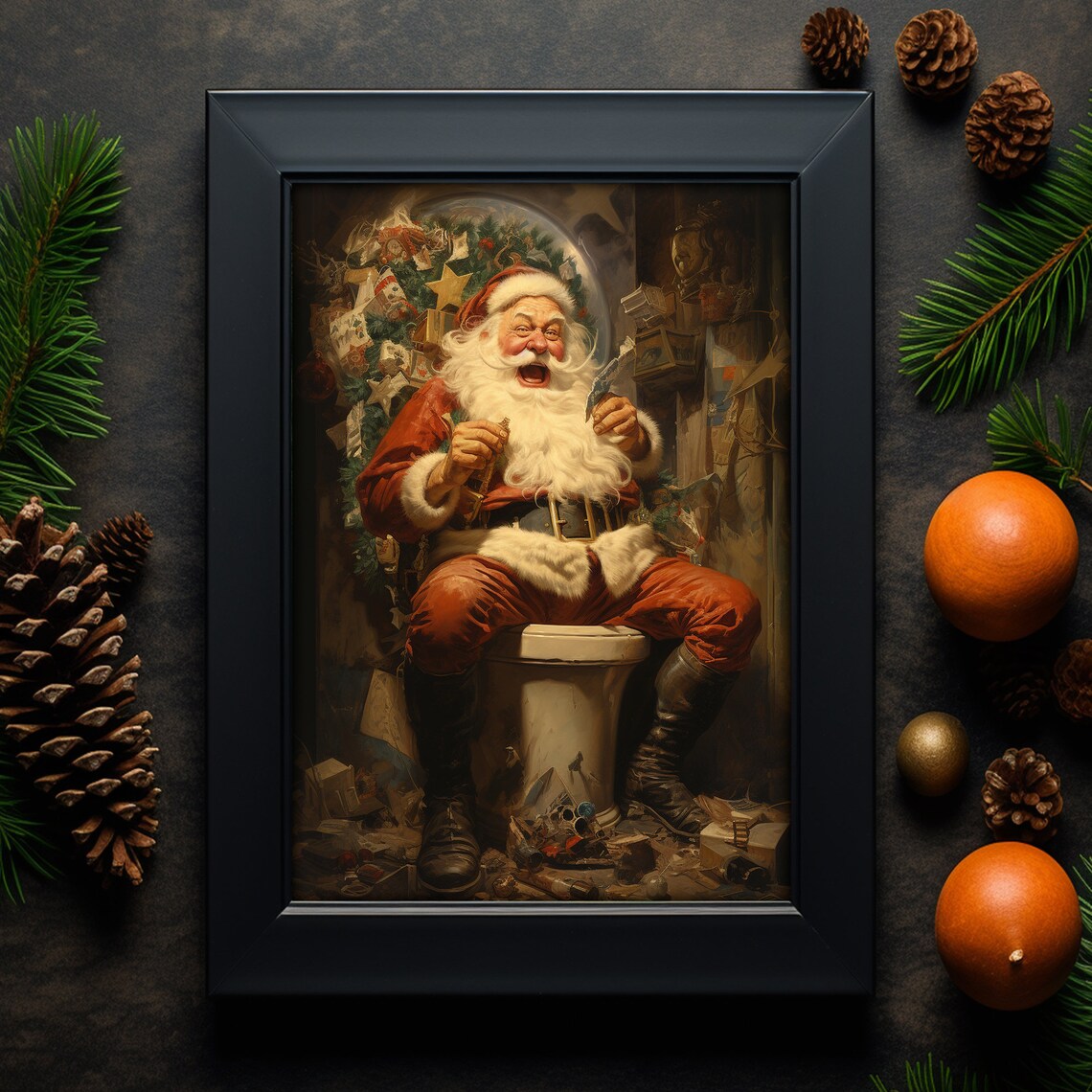 Santa Claus On Toilet Painting Print Christmas Portrait Art Xmas Decor Poster Xmas Holiday Art Print - Image 2