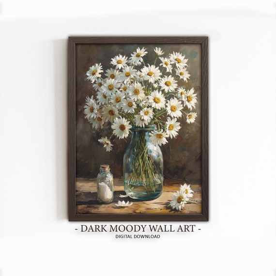 Moody Daisy Painting Flower Still Life Dark Floral Print Dark Cottagecore Wall Art Botanical Farmhouse Decor