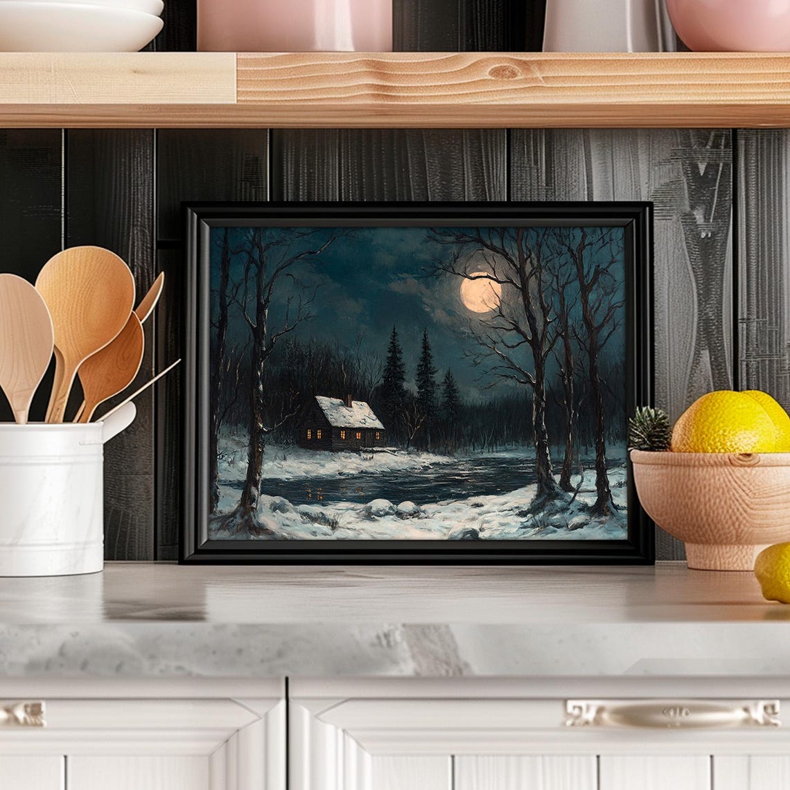 Moonlit Snowy Cabin by the River Winter Night Painting Poster - Image 6