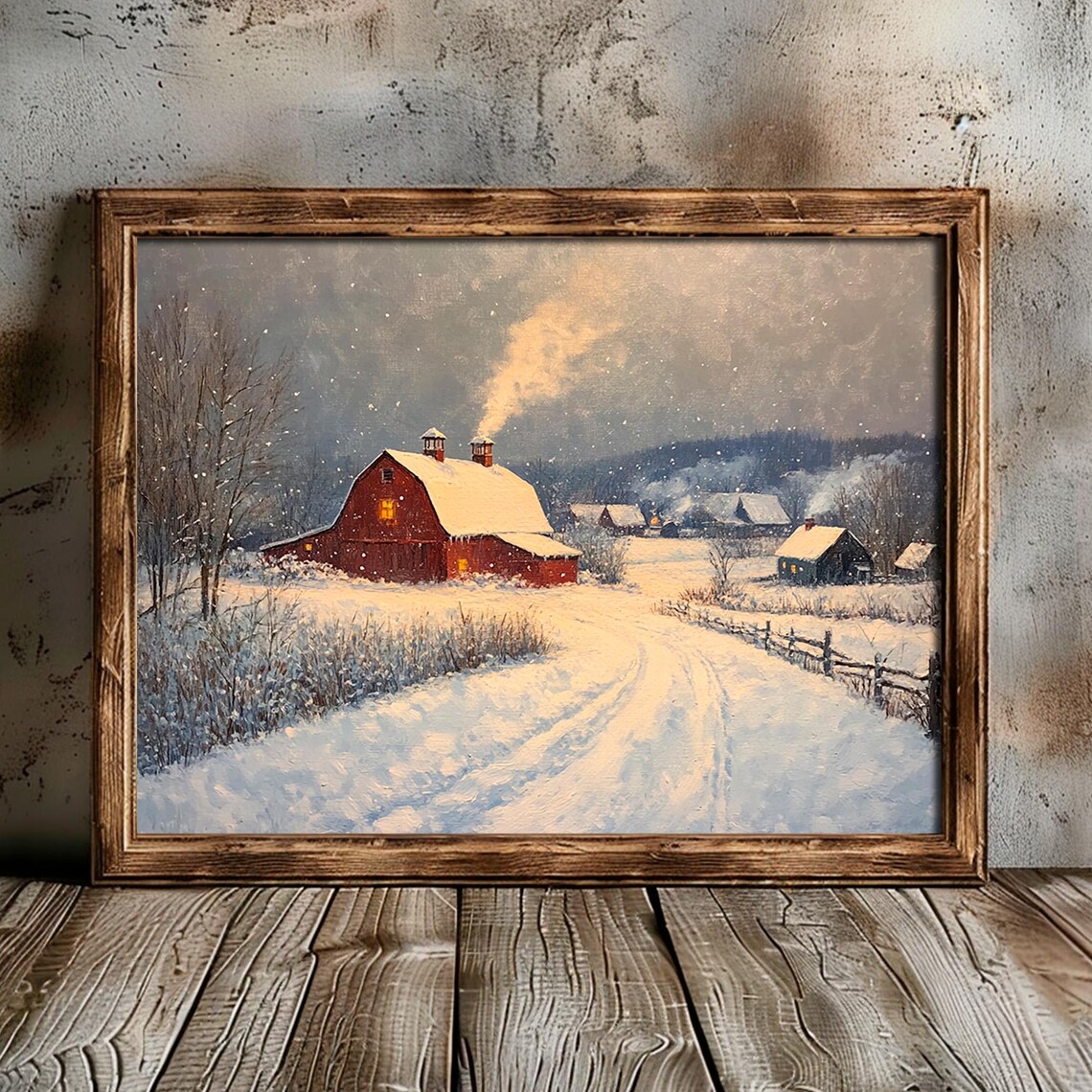 Winter Village Red Barn Art Print, Rustic Scene - Image 6
