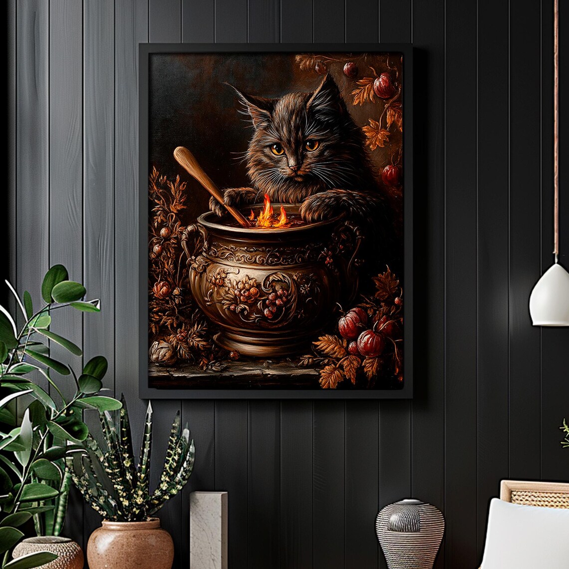 Fluffy Black Cat Stirring Witch Cauldron Autumn Botanicals Halloween Poster - Image 4