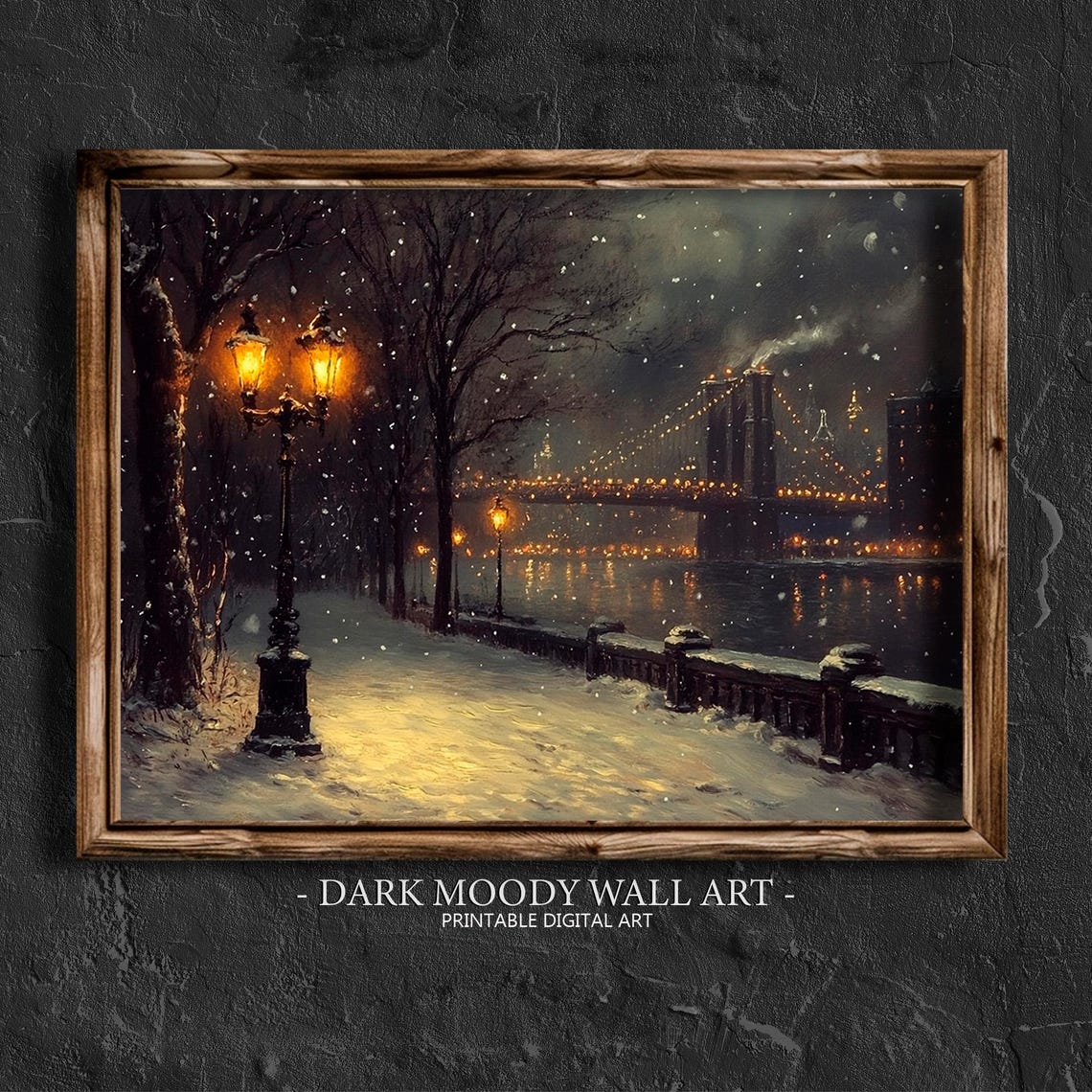 Snowy Park Path Vintage Lamppost Brooklyn Bridge Night Poster