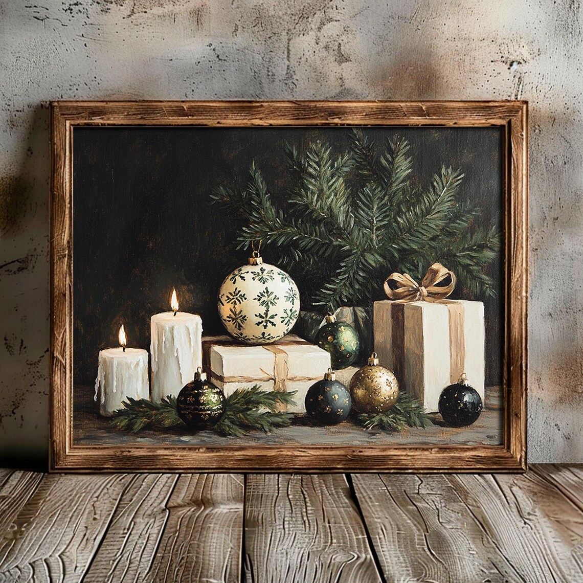 Christmas Gifts Still Life Vintage Ornament Candle Painting Poster - Image 2