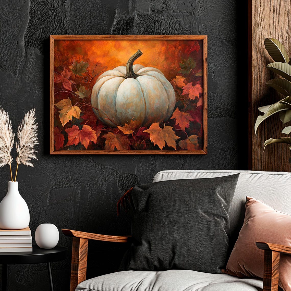White Pumpkin Autumn Oil Painting Moody Fall Harvest Wall Art - Image 4