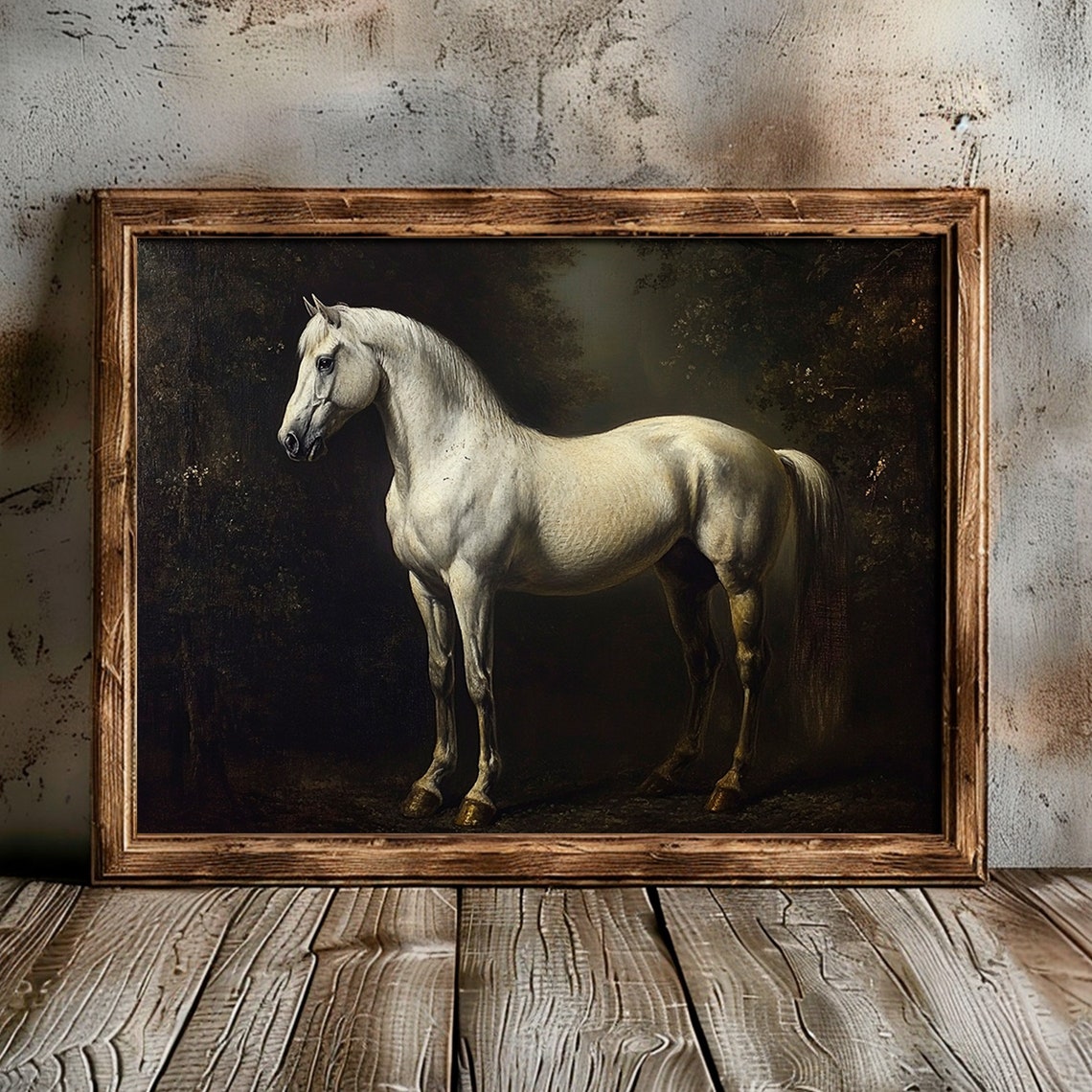 White Horse Dark Forest Classical Equine Portrait Painting Poster - Image 2