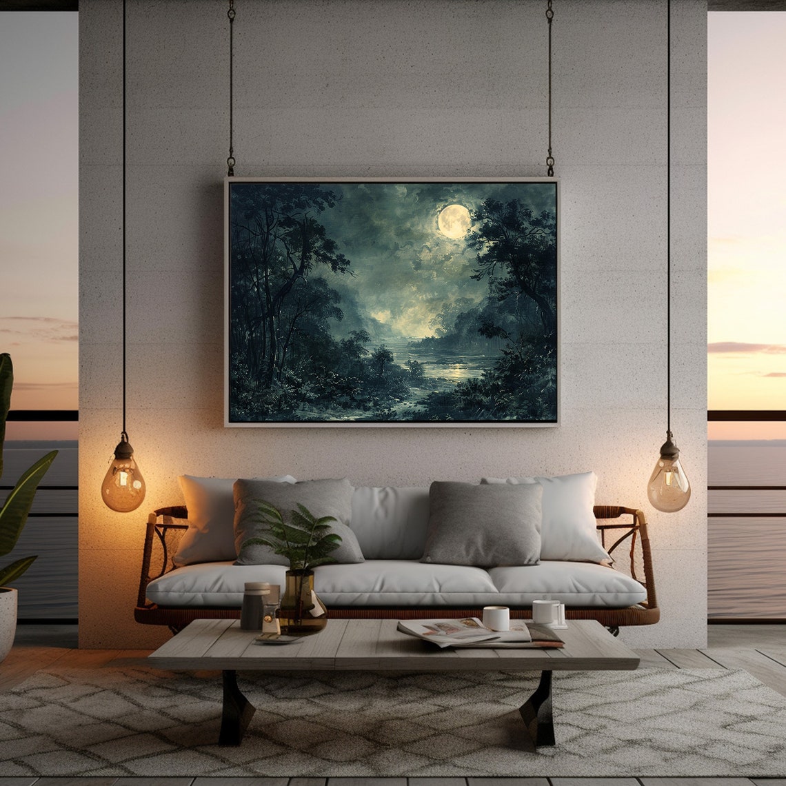 Full Moon Over Dark Forest River Night Sky Moody Landscape Poster - Image 2