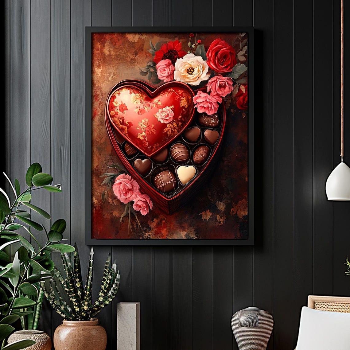 Red Heart Shaped Tin Of Chocolates Among Roses Valentines Day Wall Art - Image 2