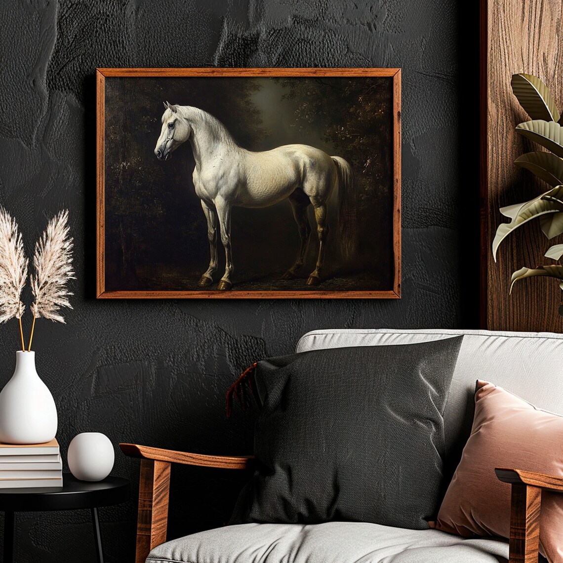 White Horse Dark Forest Classical Equine Portrait Painting Poster - Image 4