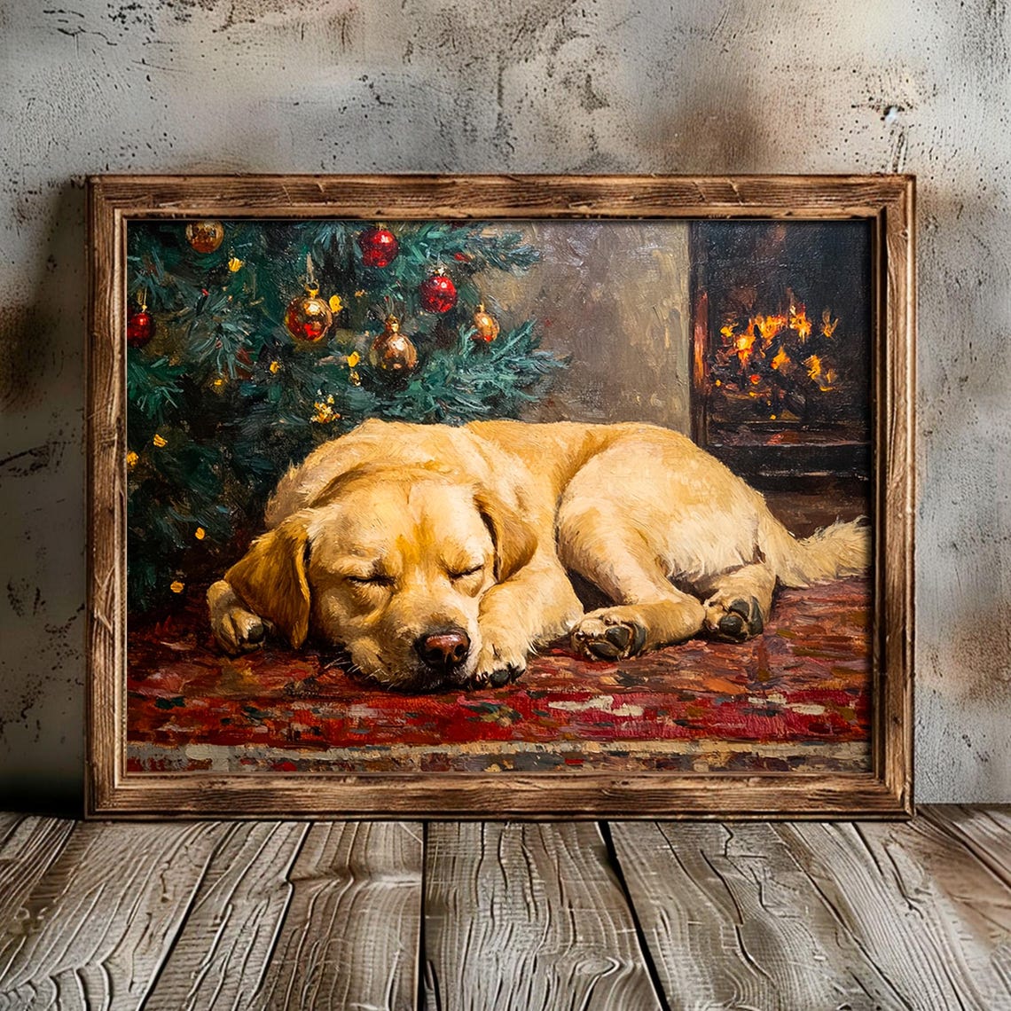 Golden Retriever Sleeping by Christmas Tree Fireplace Painting Poster - Image 5