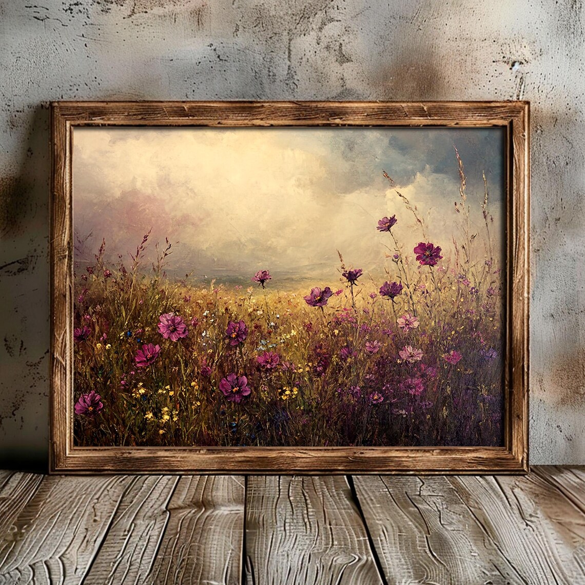 Pink Wildflower Meadow Under Moody Sky Rustic Cottagecore Botanical Poster - Image 4