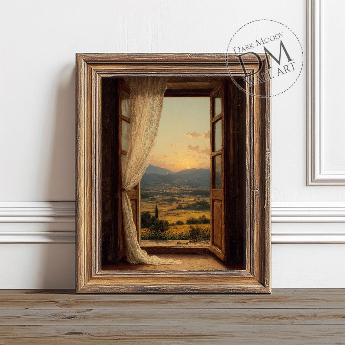 Sunset Countryside Window Sheer Curtain Golden Field Wall Art