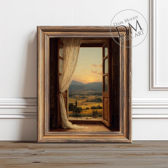 Sunset Countryside Window Wall Art Rustic Summer Field Print